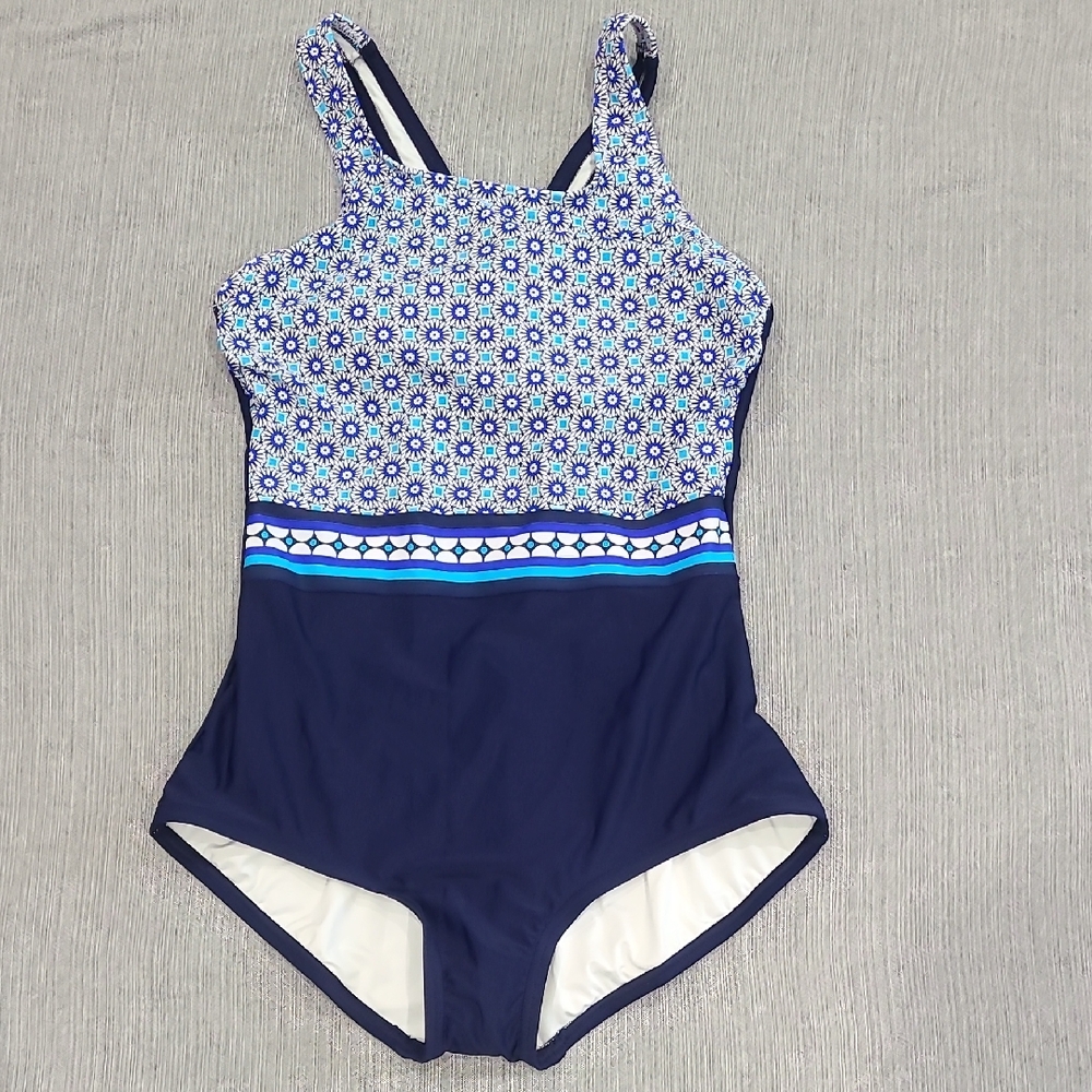 NWT Lands' End Navy Blue Floral Panel One-Piece Swimsuit